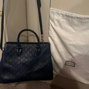 Gucci Navy Embossed Leather Satchel